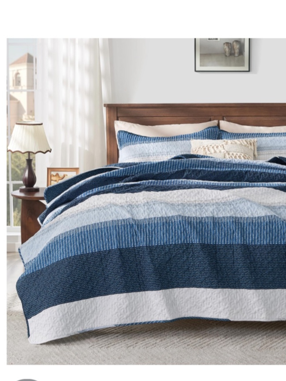 TWIN SIZE Quilted Patchwork Bedspread Set - NAVY BLUE STRIPE